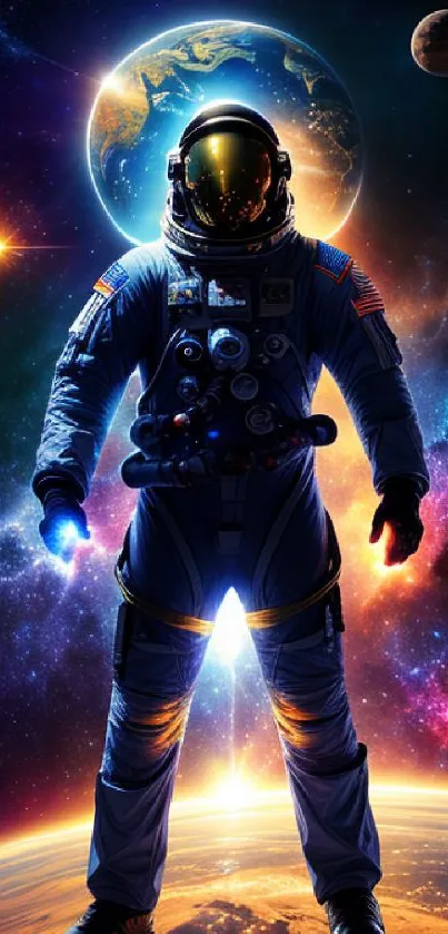 Astronaut in space with vibrant cosmic background and planets.