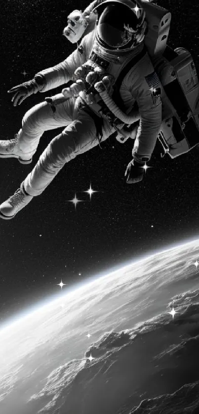 Black and white astronaut floating in space above Earth.