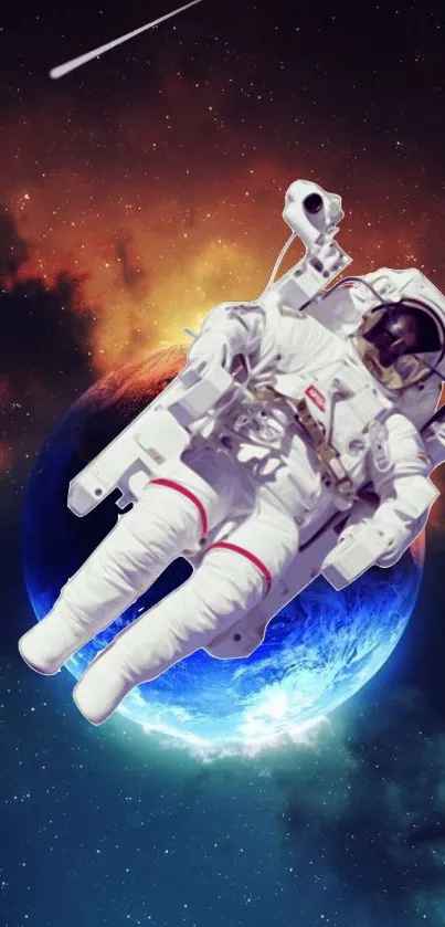 Astronaut floating in space above vibrant Earth and galaxy.