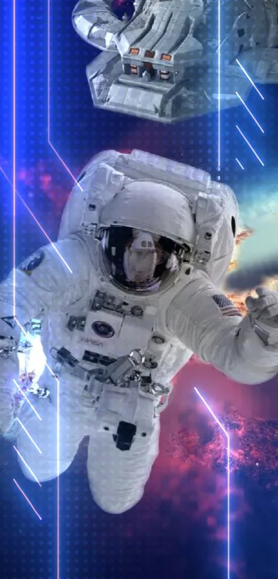 Astronaut floating in a vibrant cosmic scene with a futuristic backdrop.