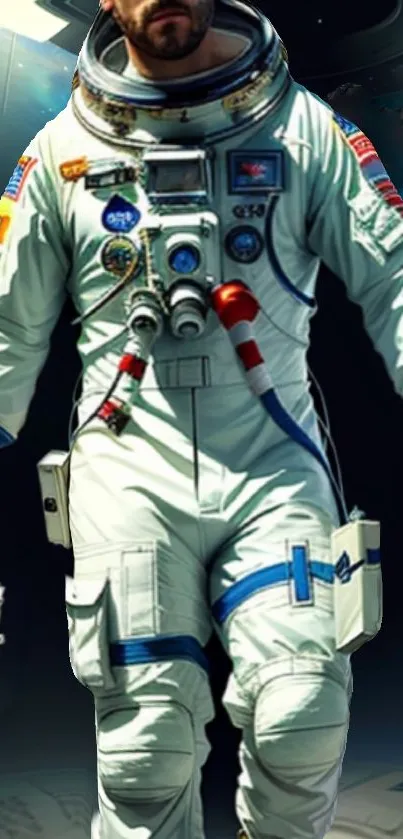 Astronaut in a space suit floating in a spacecraft, exploring the cosmos.