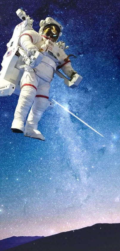 Astronaut floating in a starry space scene with galaxy background.