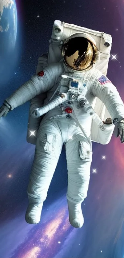 Astronaut floating in colorful space scene with planets and stars.