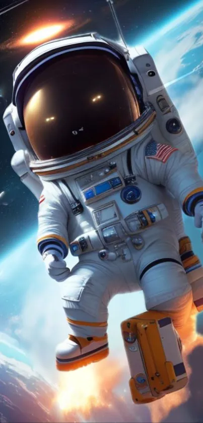 Astronaut floating in space with Earth in background and galaxy view.