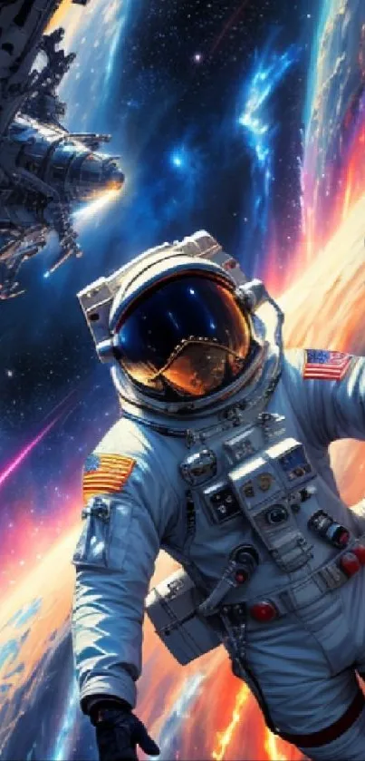 Astronaut floating in colorful cosmic space.