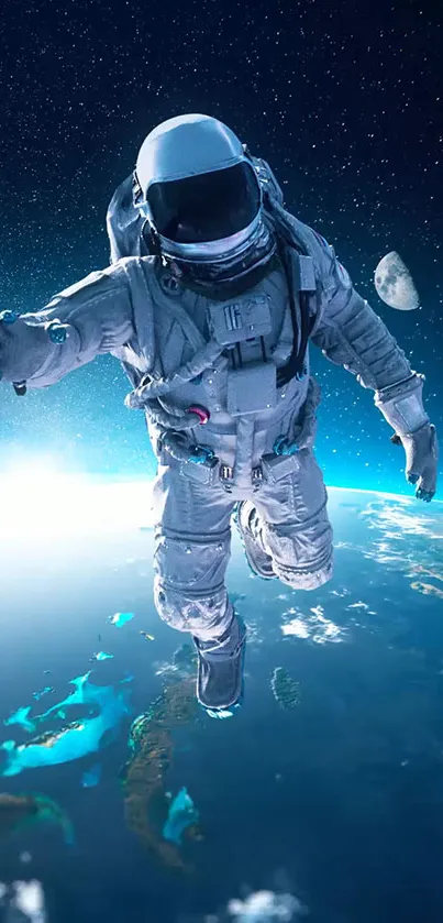 Astronaut floating above Earth in space wallpaper