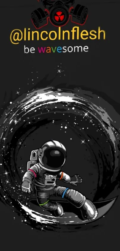 Astronaut surfing a cosmic wave on a black themed wallpaper design.