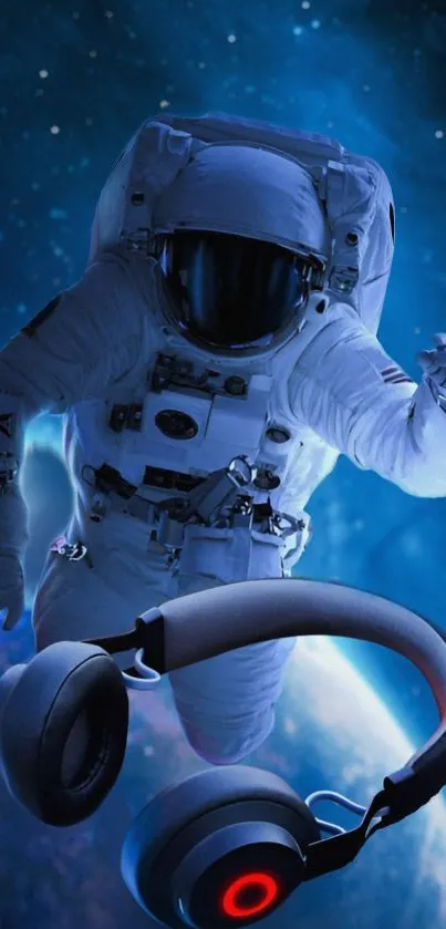 Astronaut floating in space with headphones and a blue cosmic backdrop.