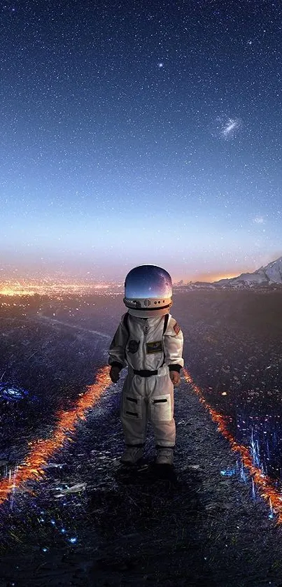 Astronaut on a cosmic path under a starry sky at night.