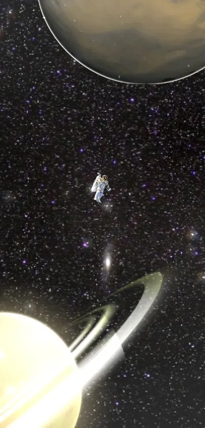 Astronaut floating in space with galaxies and planets.