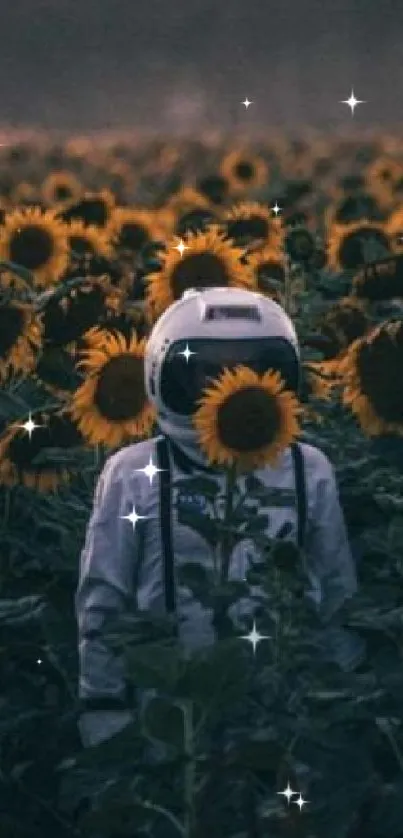 Astronaut standing in a vibrant sunflower field.