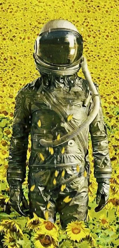 Astronaut standing in a field of sunflowers with vibrant colors.