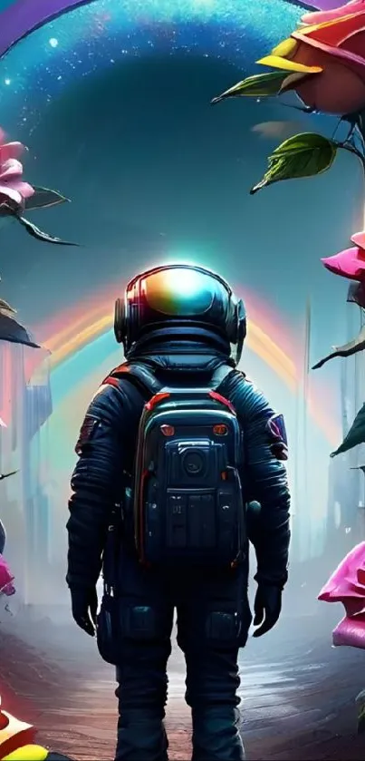 Astronaut stands among vibrant roses under a colorful, surreal sky.