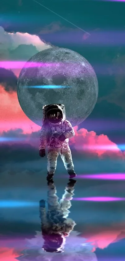 Astronaut with moon backdrop reflecting in vibrant clouds.