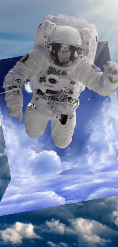 Surreal astronaut floating above clouds in artistic space scene.