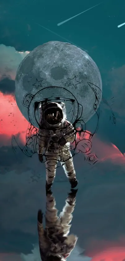 Astronaut under moon in surreal teal sky.