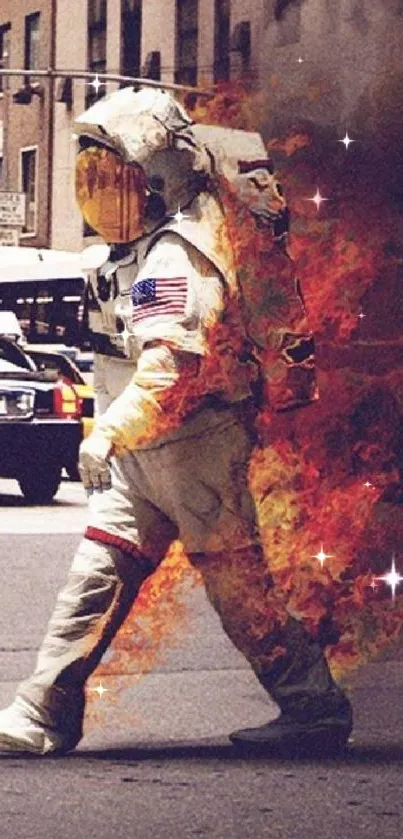 Astronaut in flames walking through city streets.