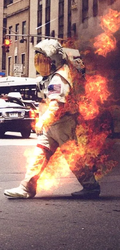 Astronaut in flames walking down a busy city street.