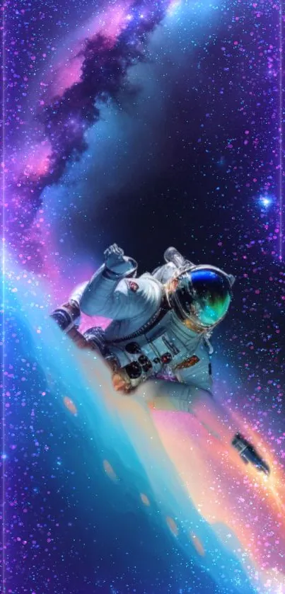 Astronaut gliding through a vibrant, colorful cosmic scene.