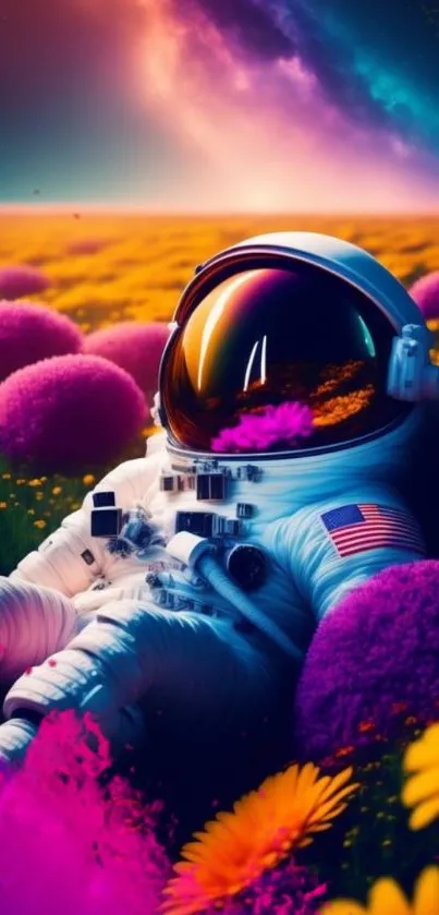 Astronaut resting in a vibrant floral field under a colorful galaxy sky.