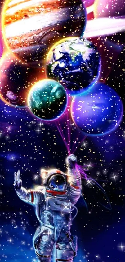 Astronaut in space with colorful planet balloons.