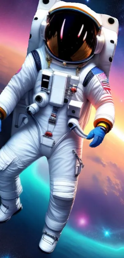 Astronaut floating in colorful space scene with vibrant galaxy backdrop.