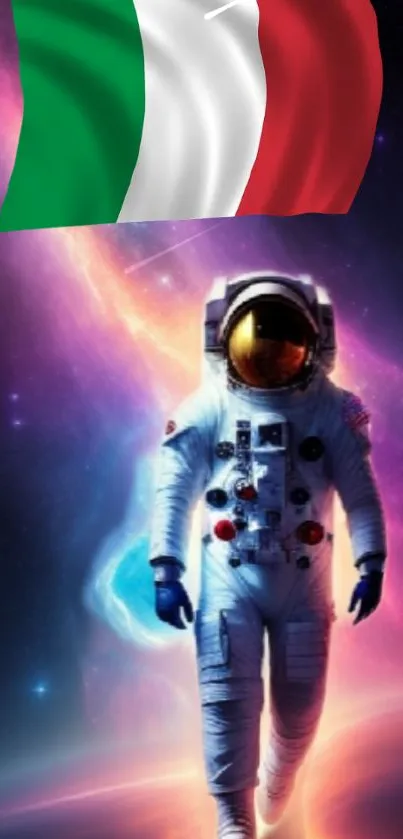 Astronaut in space with vibrant galaxy and Italian flag.