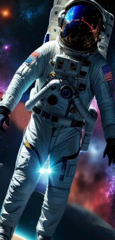 Astronaut floating in colorful space background.