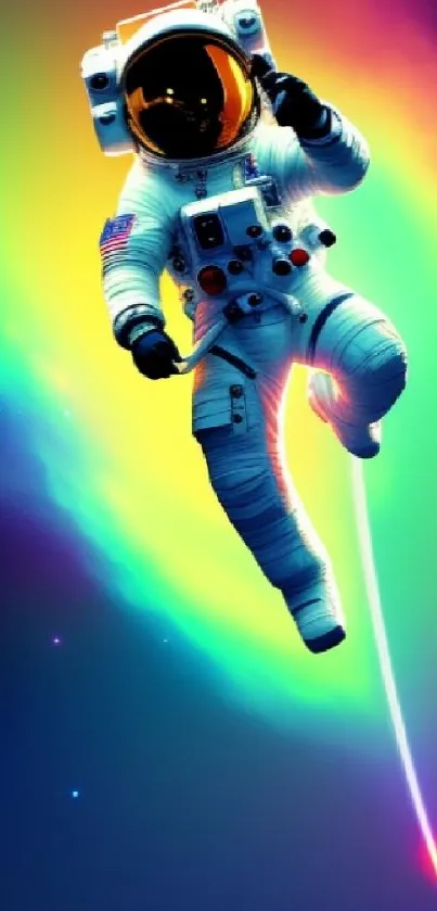 Astronaut floating in vibrant cosmic space with colorful nebula backdrop.