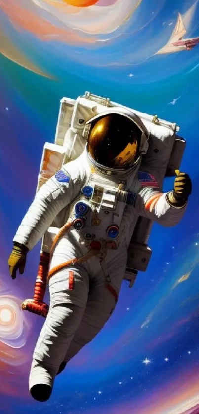 Astronaut floating in colorful space with planets and stars.