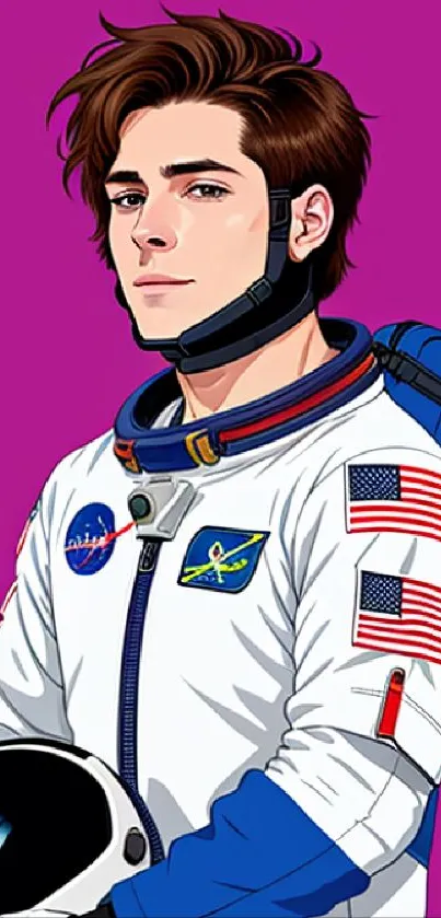 Illustrated astronaut in colorful space suit with purple background.