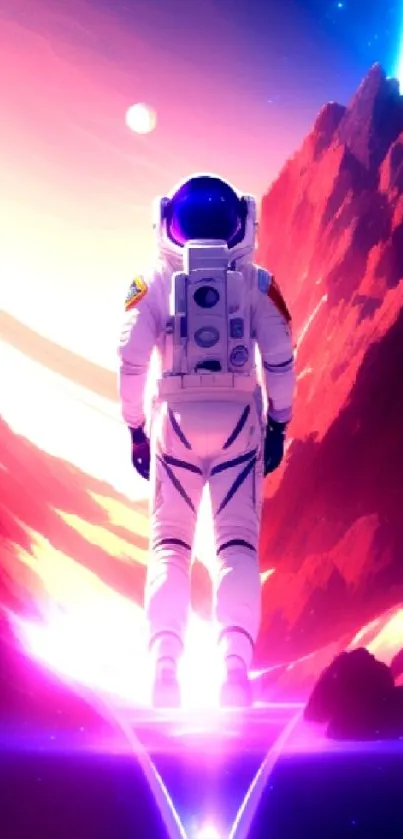 Astronaut in a colorful space landscape with vibrant cosmic elements.