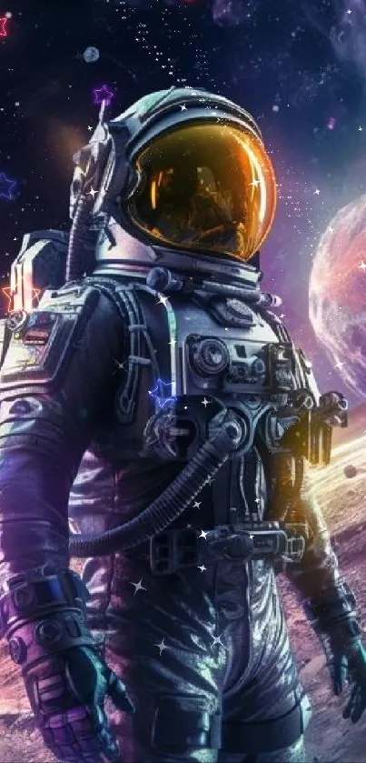 Astronaut exploring vibrant alien landscape in space.