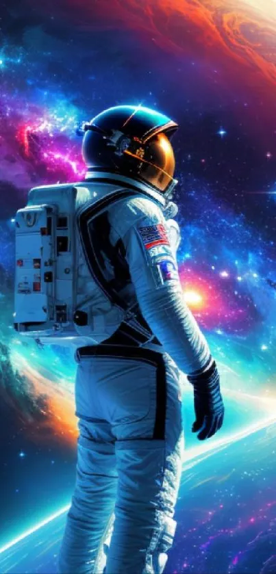 Astronaut exploring deep space with vibrant galaxy background.