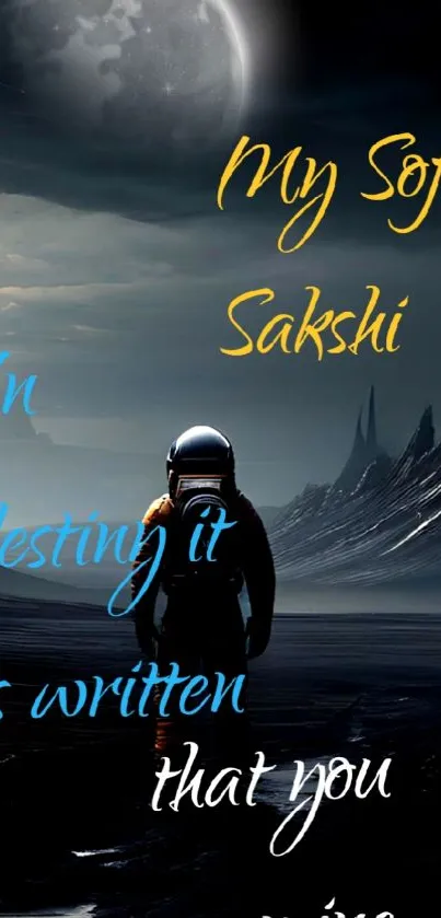 Astronaut on alien planet under a dark blue night sky with motivational text.