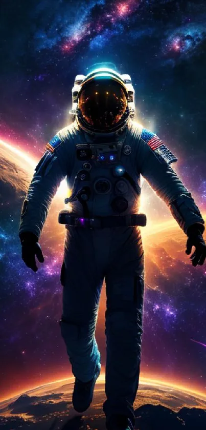 Silhouetted astronaut in vibrant cosmic background.