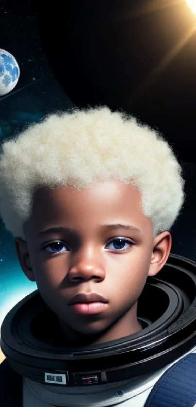 Young astronaut with planets in cosmic background.