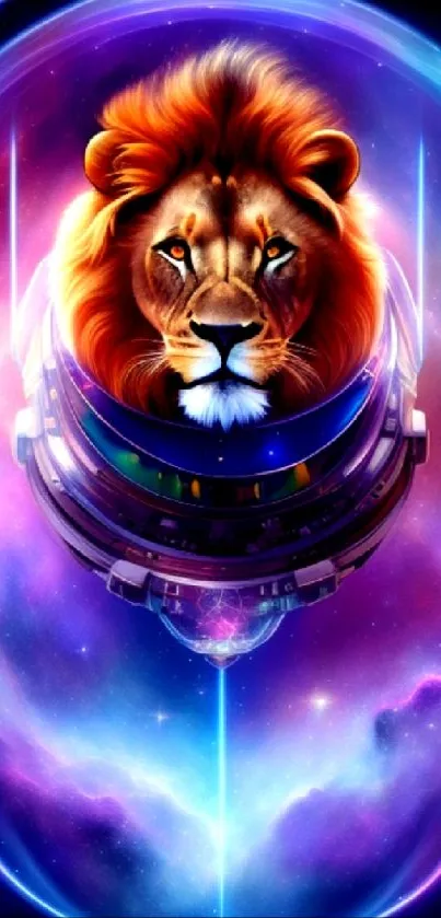 Lion in an astronaut suit with a cosmic background, stunning mobile wallpaper.