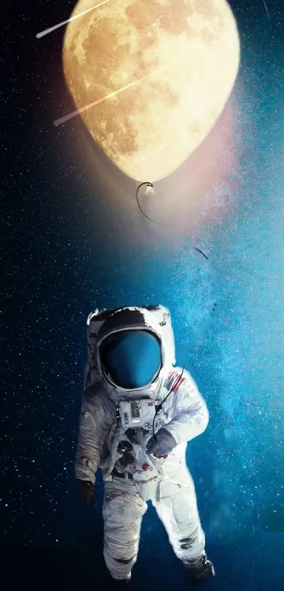 Astronaut with moon balloon in starry space scene.