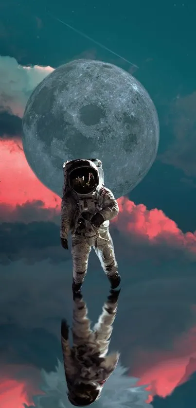 Astronaut standing on reflective surface with moon and clouds.