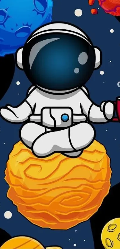 Meditating astronaut with cup on colorful planet in space.