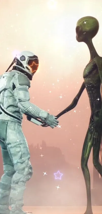 Astronaut and alien shaking hands in a whimsical cosmic setting.