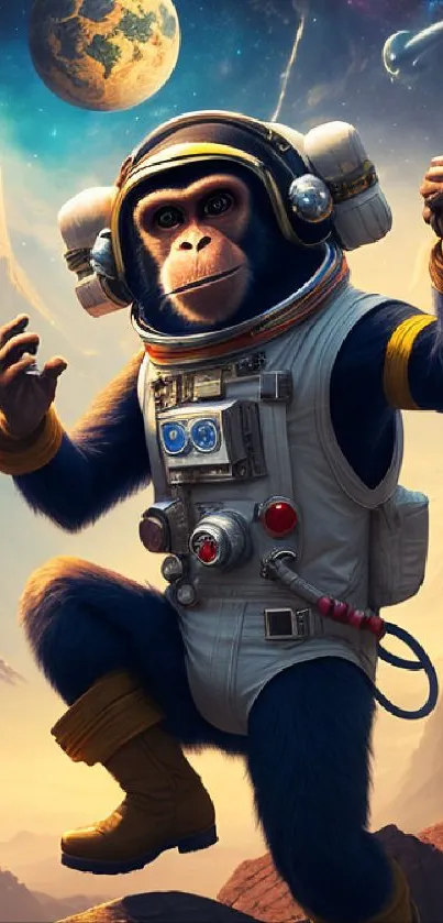 Astronaut monkey exploring a cosmic landscape with planets and stars.