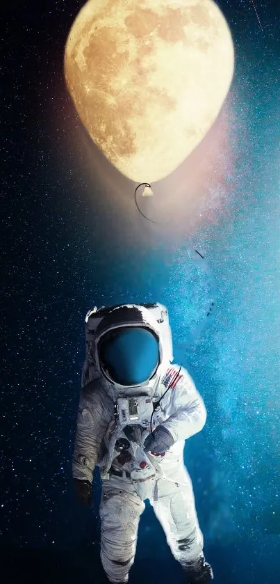 Astronaut floating under the moon balloon in a galaxy background.