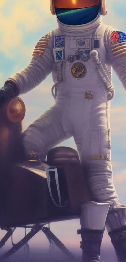 Astronaut in white suit on moon with chair and cosmic backdrop.