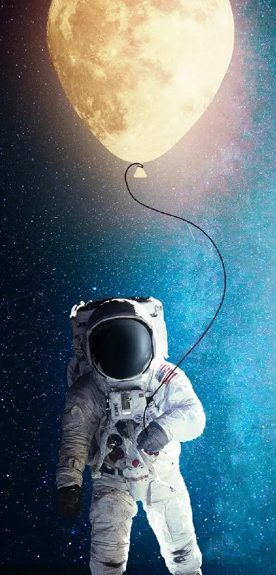 Astronaut holding moon balloon in starry space.