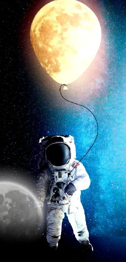 Astronaut holding a glowing moon balloon in space.