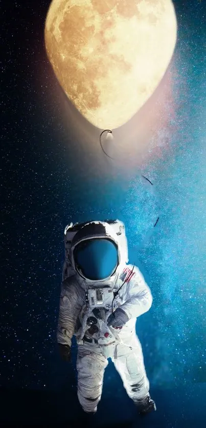 Astronaut with moon balloon against starry sky.