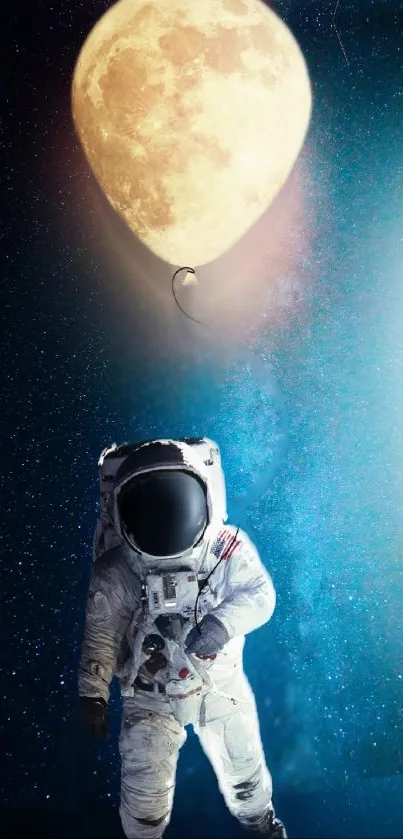 Astronaut floating with moon balloon in space, artistic wallpaper.