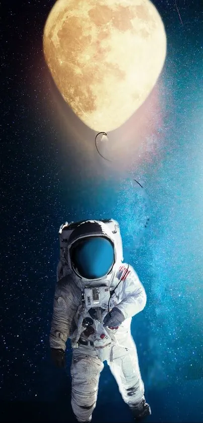 Astronaut holding the moon as a balloon in space-themed wallpaper.